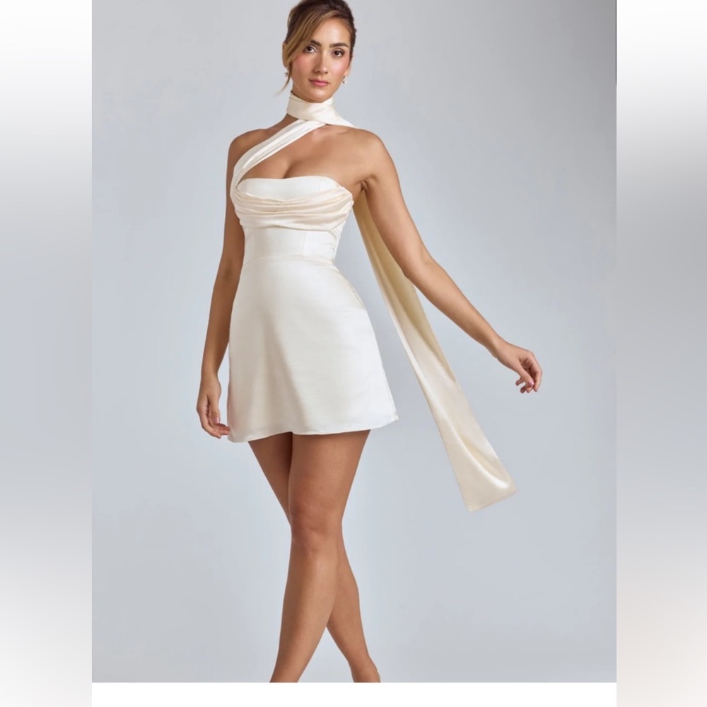 Oh Polly Cream One-Shoulder Dress Anastasia Scarf Mini Dress Size 2 NWT
